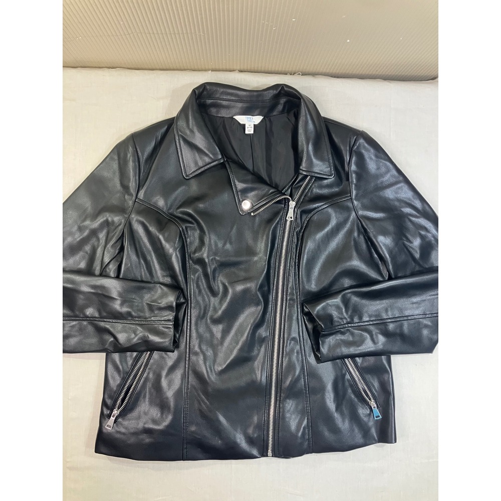 Time and Tru Womens Black Faux Leather Moto Biker Jacket Sz M 8-10 TT34100126755